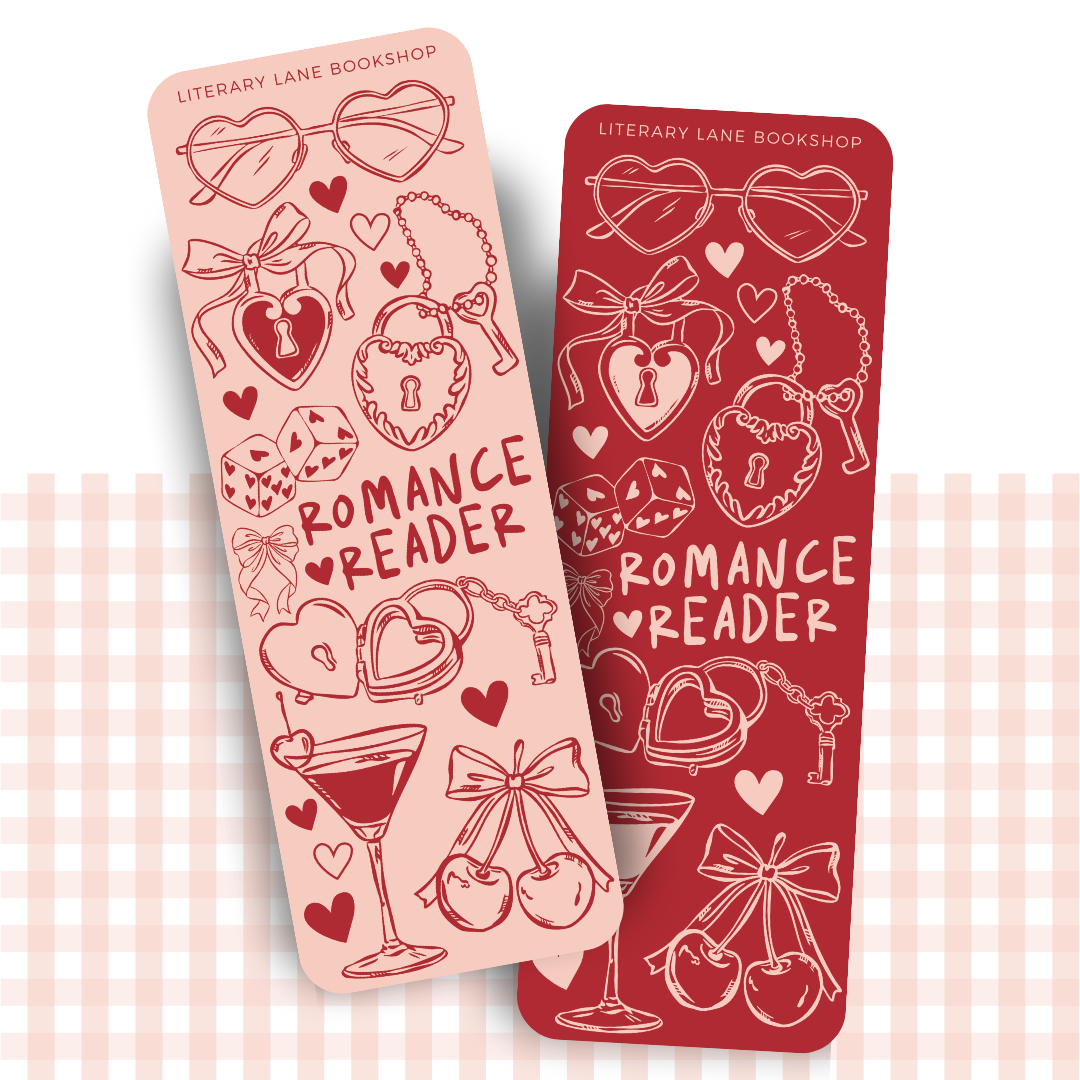 Double-sided pink and red bookmark with romance related illustrations 
