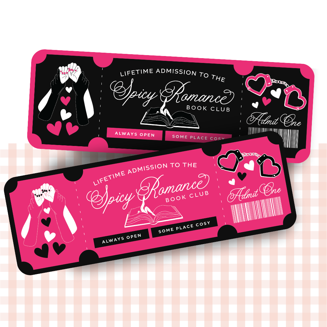 Double-sided bookmark for 'Spicy Romance Book Club' in black, hot pink and white ticket design