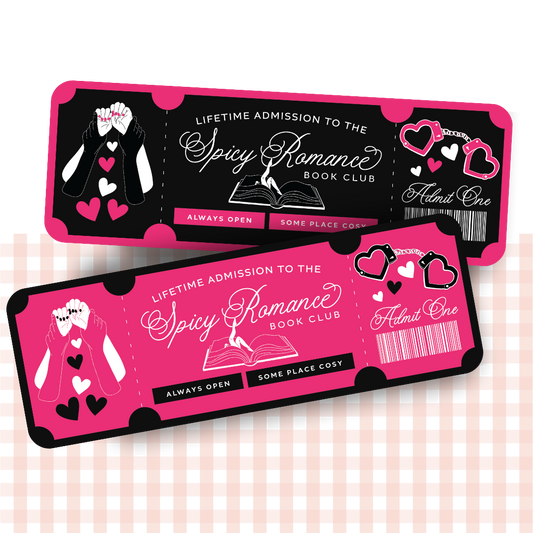 Double-sided bookmark for 'Spicy Romance Book Club' in black, hot pink and white ticket design