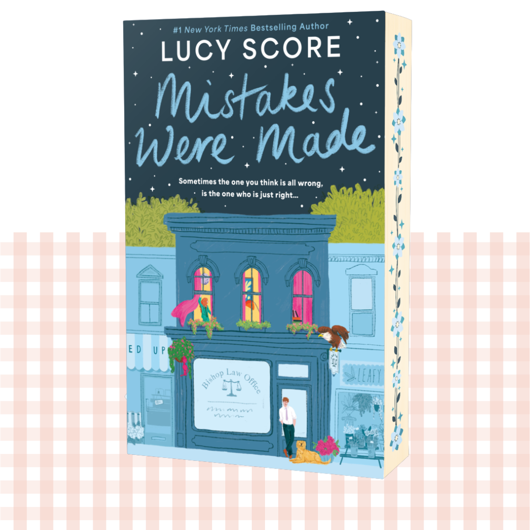 Paperback book cover of 'Mistakes Were Made' by Lucy Score with a blue row of buildings and a starry sky illustration