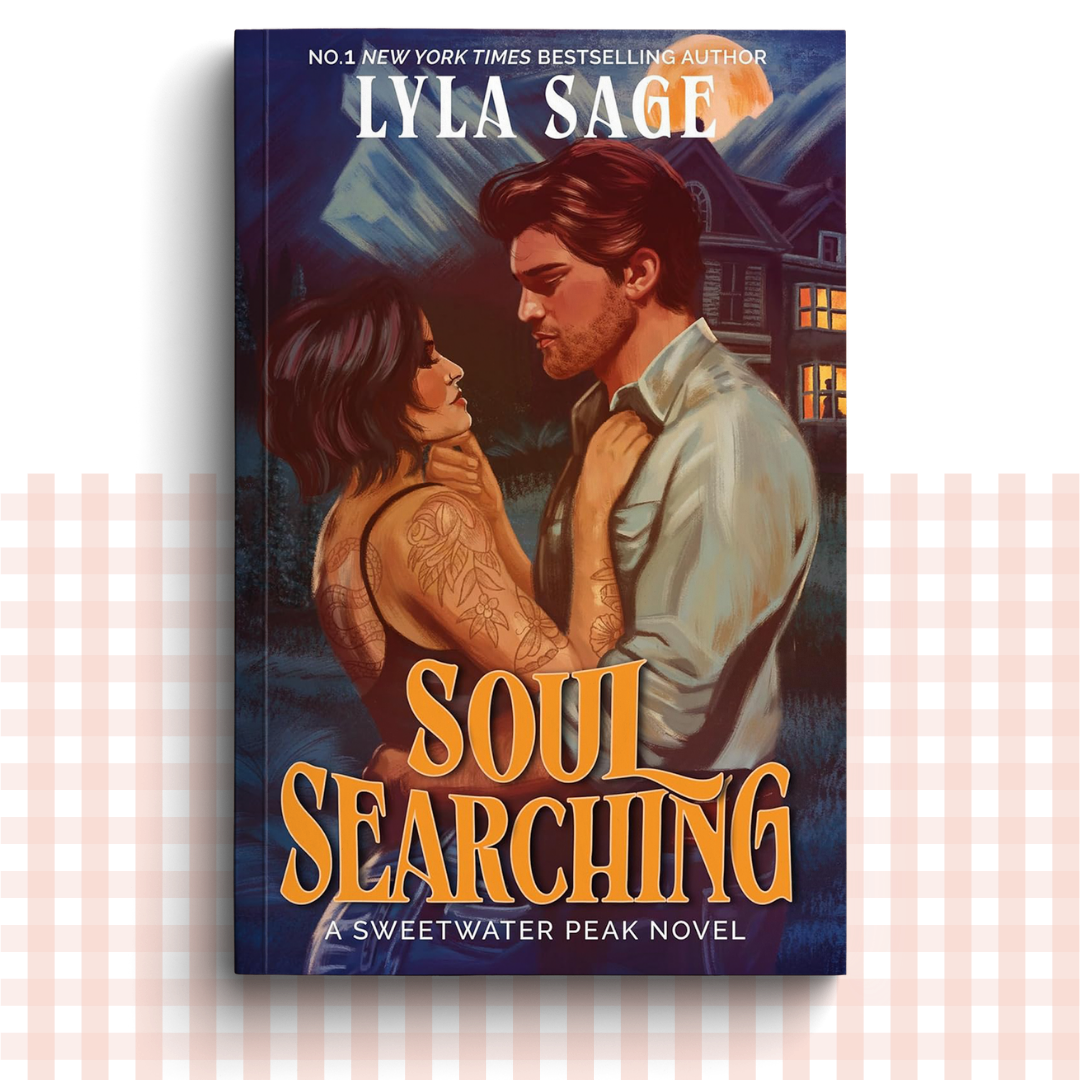Paperback book cover of 'Soul Searching' by Lyla Sage featuring a couple in a romantic pose on a dark design.