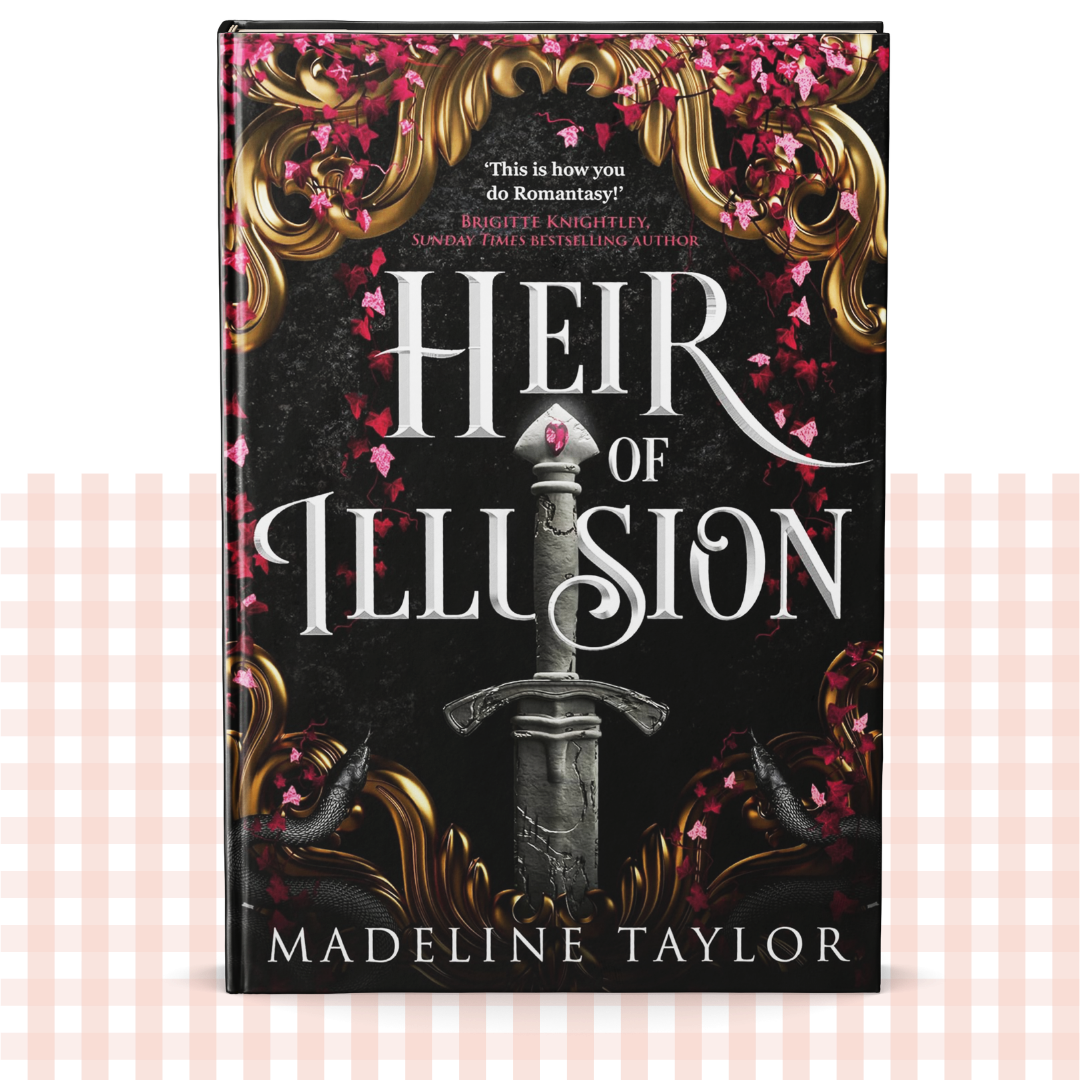 Hardback book cover of 'Heir of Illusion' by Madeline Taylor on a decorative black, gold and red background