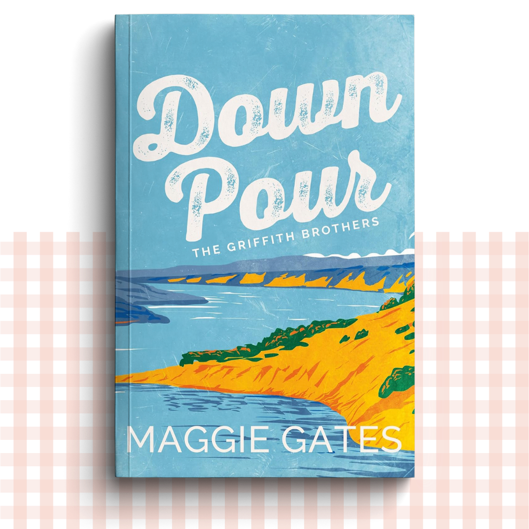 Paperback book cover of 'Down Pour' by Maggie Gates with a scenic blue lake illustration.