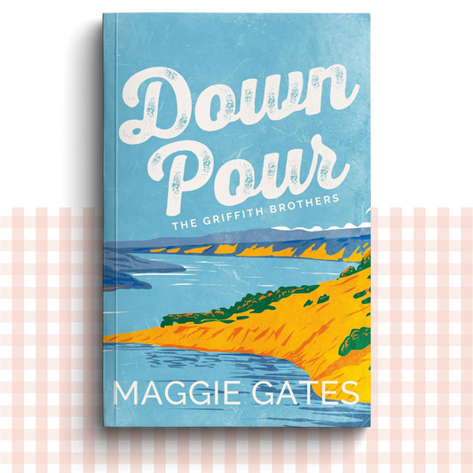 Paperback book cover of 'Down Pour' by Maggie Gates with a scenic blue lake illustration.