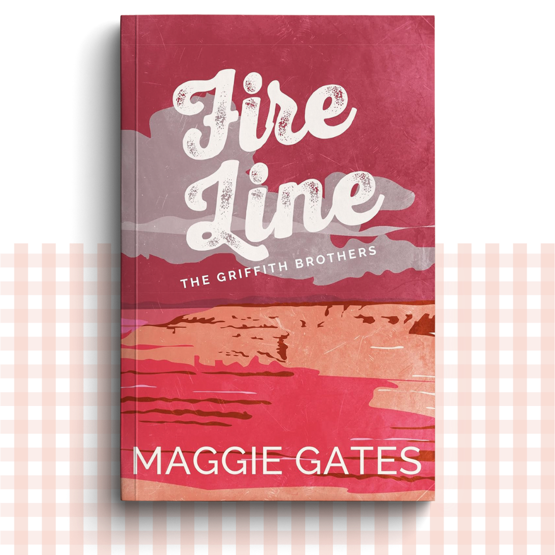 Paperback book cover of 'Fire Line' by Maggie Gates with a red and orange desert background.