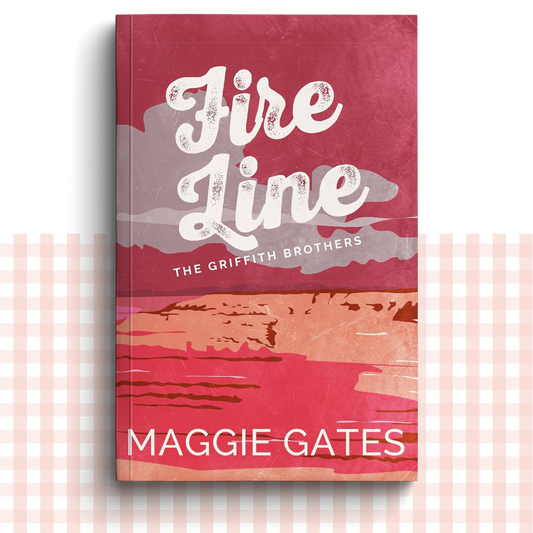 Paperback book cover of 'Fire Line' by Maggie Gates with a red and orange desert background.