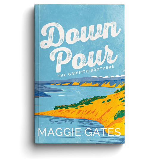Book cover of 'Down Pour' by Maggie Gates with a scenic illustration on a blue background.