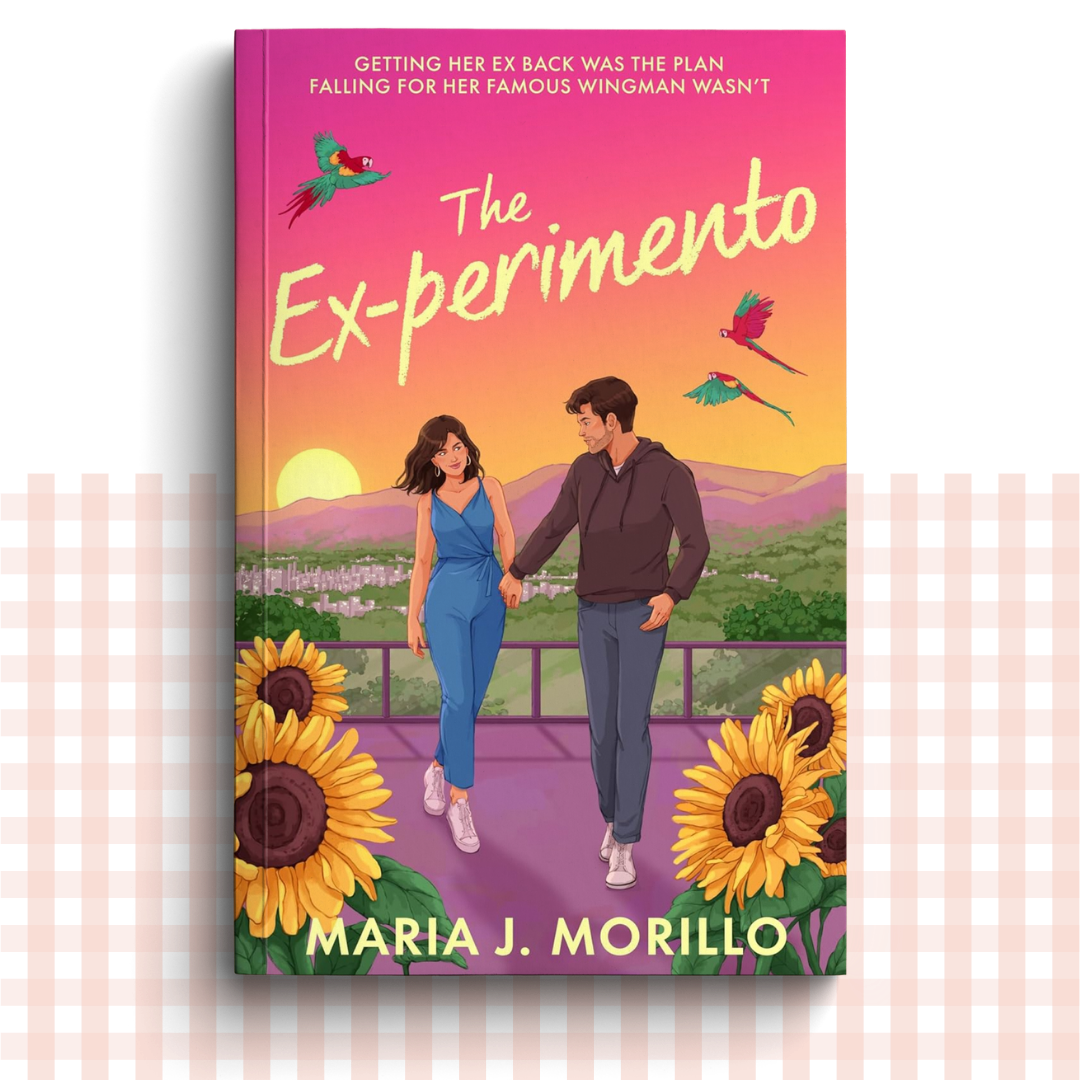 Paperback nook cover of 'The Ex-perimento' by Maria J. Morillo with a couple holding hands surrounded by sunflowers 