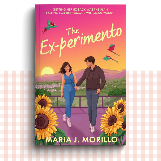 Paperback nook cover of 'The Ex-perimento' by Maria J. Morillo with a couple holding hands surrounded by sunflowers 