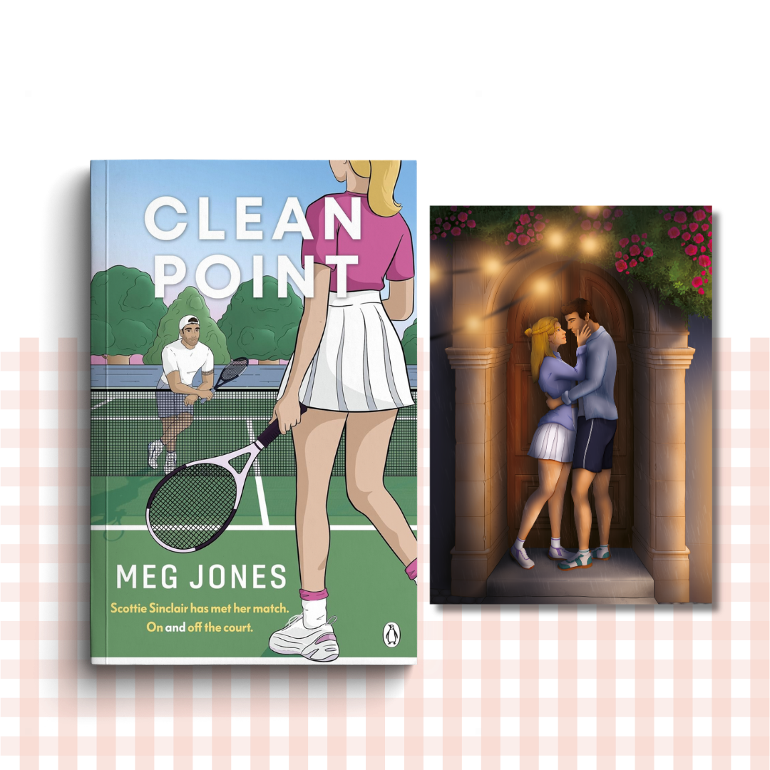 Paperback book cover of 'Clean Point' by Meg Jones with a tennis-themed illustration on a white background.