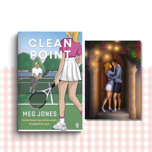 Paperback book cover of 'Clean Point' by Meg Jones with a tennis-themed illustration on a white background.