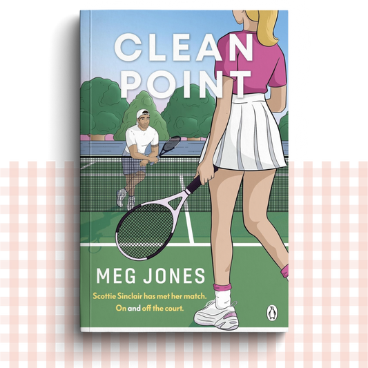 Paperback book cover of 'Clean Point' by Meg Jones with illustrations of a tennis player