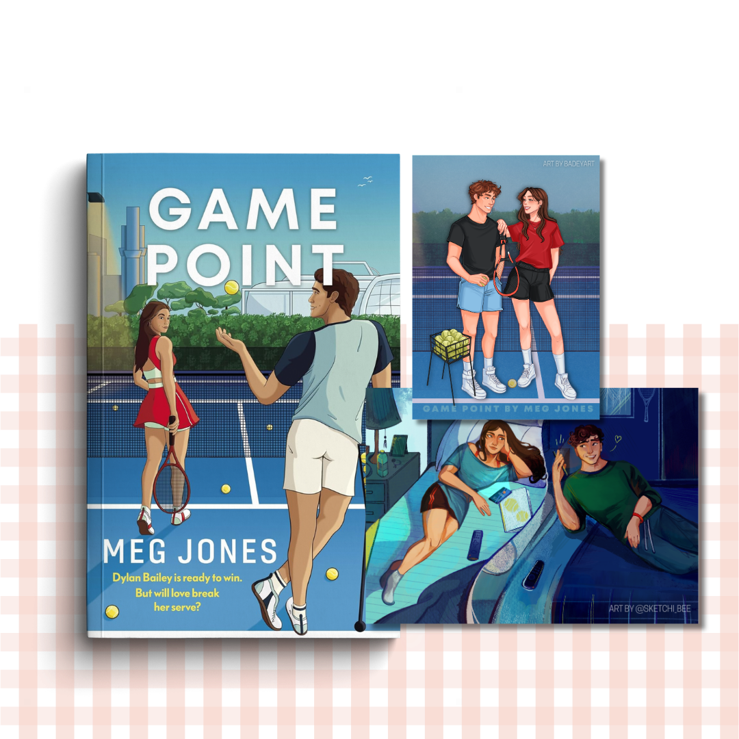 Paperback book cover of 'Game Point' by Meg Jones with illustrations of people on a tennis court.