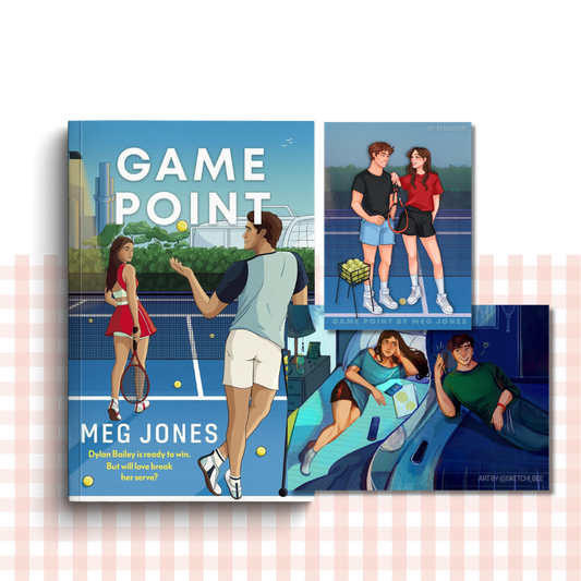 Paperback book cover of 'Game Point' by Meg Jones with illustrations of people on a tennis court.