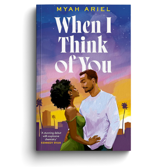 Book cover of 'When I Think of You' by Myah Ariel with a couple embracing against a city skyline.