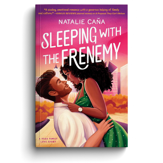 Book cover of 'Sleeping with the Frenemy' by Natalie Caña featuring a couple embracing against a cityscape.