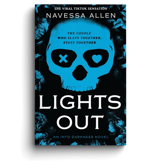Book cover of 'Lights Out' by Navessa Allen with a blue skull design on a black background.