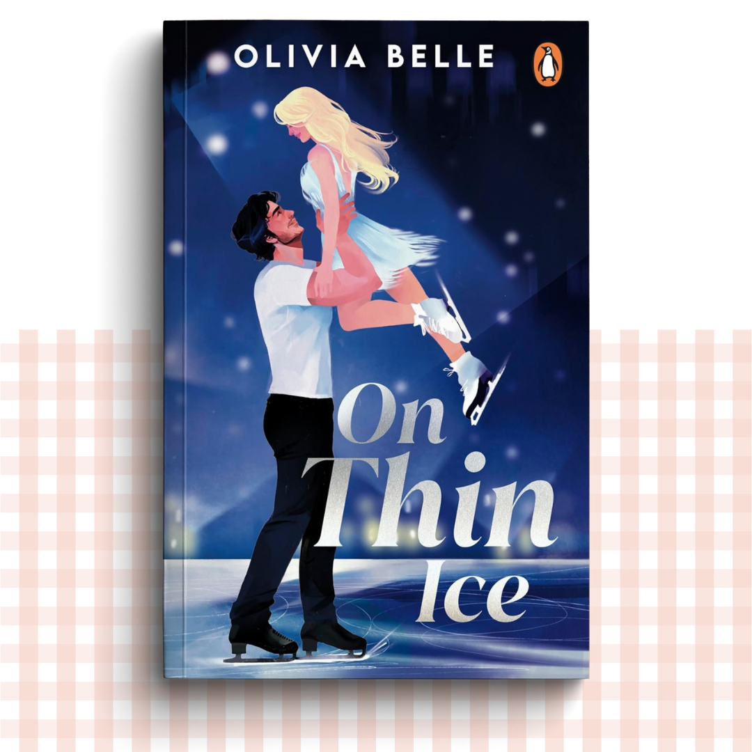 Paperback book cover of 'On Thin Ice' by Olivia Belle featuring an illustration of a couple ice skating.