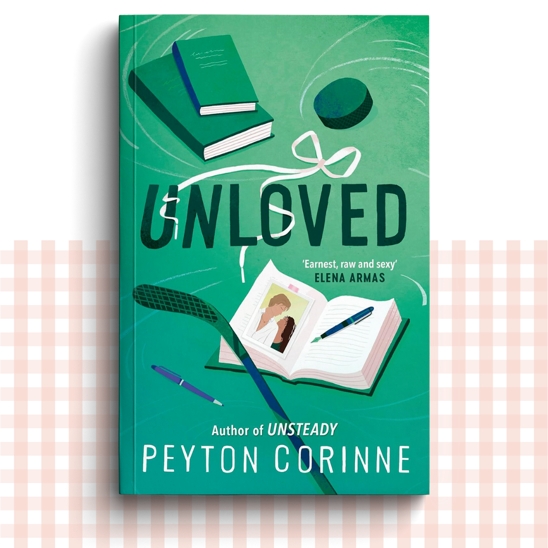 Paperback book cover of 'Unloved' by Peyton Corinne, with a green design with a hockey stick, notebooks and bow.