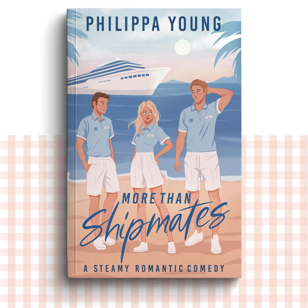 Paperback book cover of 'More Than Shipmates' by Philippa Young with three characters stood on a beach with a cruise ship in the background.