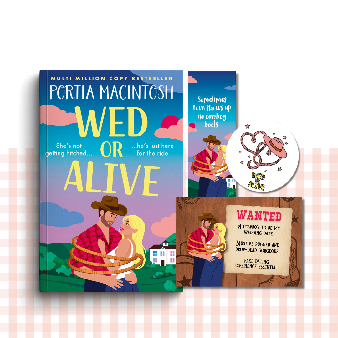 Paperback book cover of 'Wed or Alive' by Portia MacIntosh with promotional materials on a white background