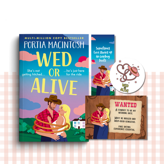 Paperback book cover of 'Wed or Alive' by Portia MacIntosh with promotional materials on a white background