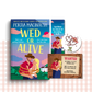 Paperback book cover of 'Wed or Alive' by Portia MacIntosh with promotional materials on a white background