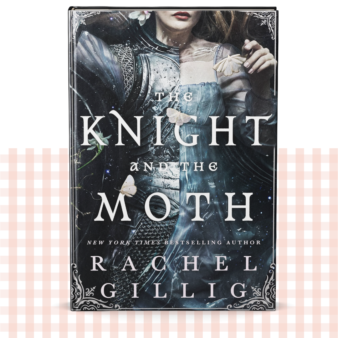 Hardback book cover of 'The Knight and the Moth' by Rachel Gillig with a silver and light blue design.