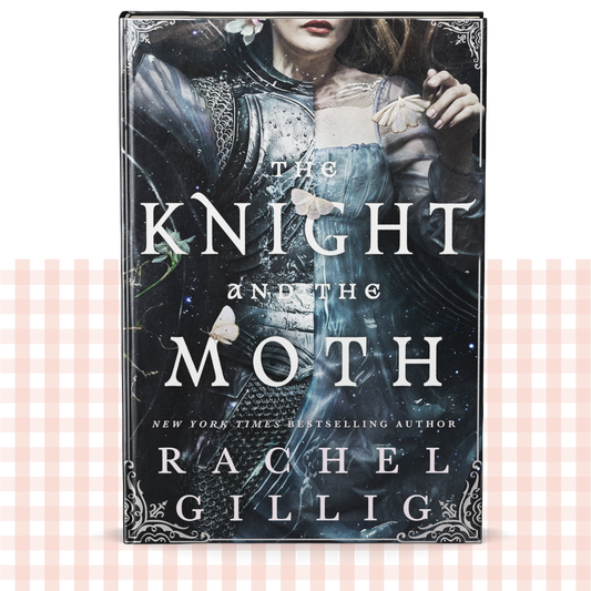 Hardback book cover of 'The Knight and the Moth' by Rachel Gillig with a silver and light blue design.