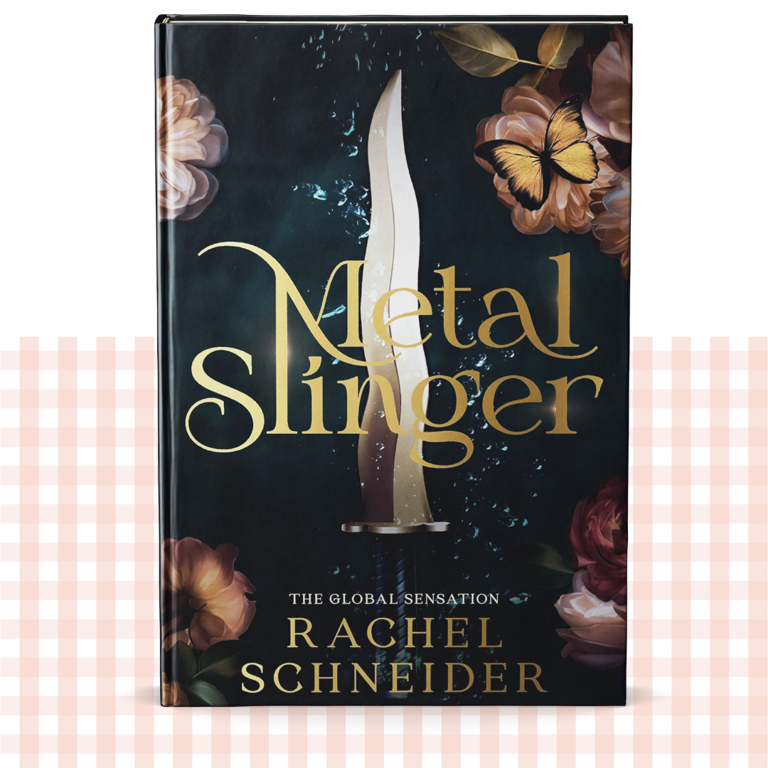 Hardback book cover of 'Metal Slinger' by Rachel Schneider with a sword and floral design on a dark background.