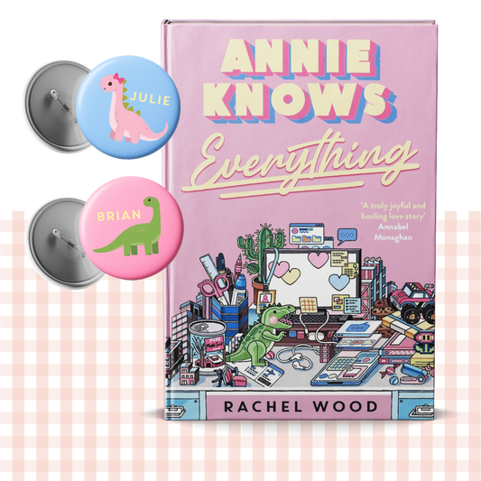 Hardback book cover of 'Annie Knows Everything' by Rachel Wood with two badges featuring dinosaur illustrations.