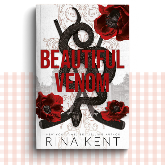 Paperback book cover of 'Beautiful Venom' by Rina Kent with a snake and red flowers on a white background.