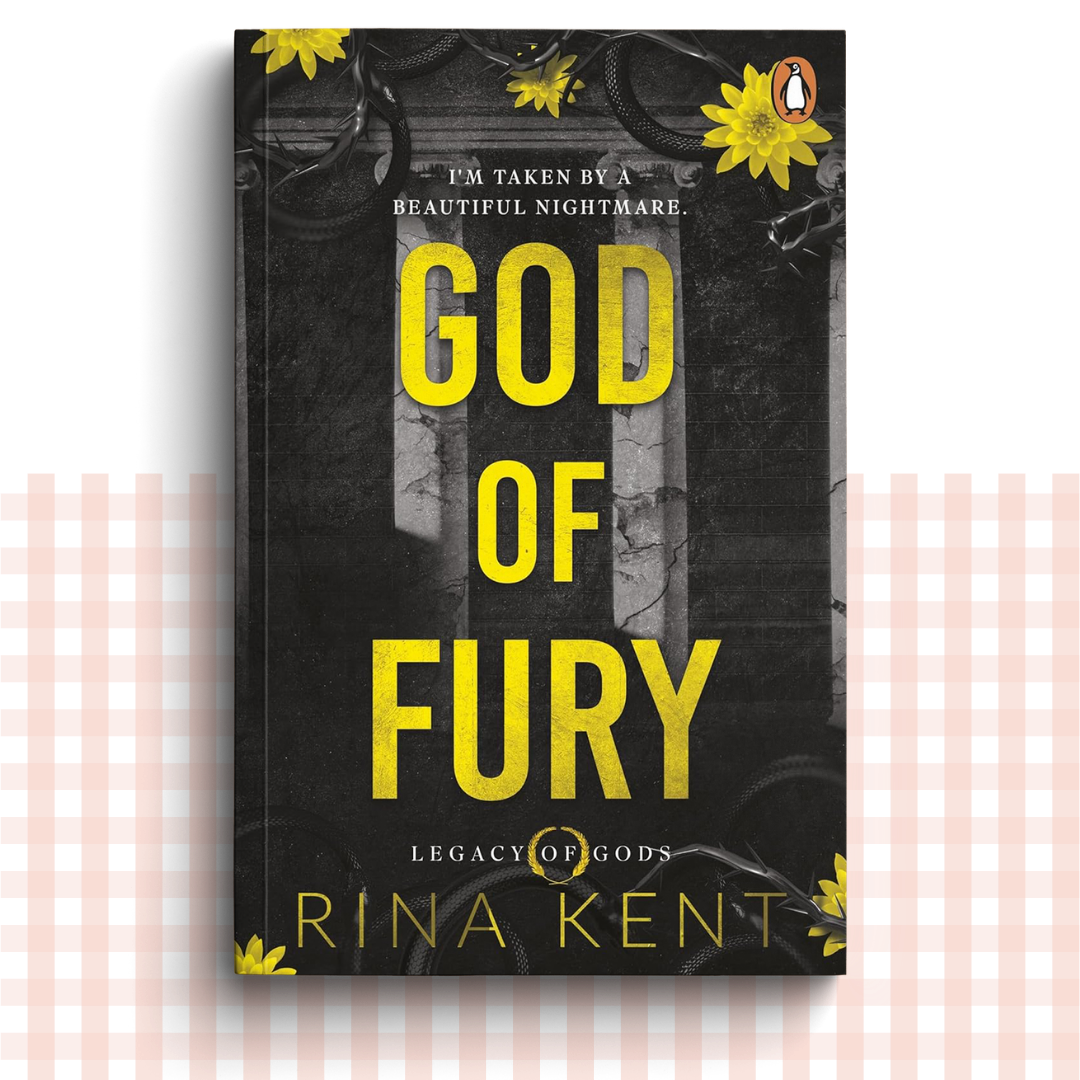 Paperback book cover of 'God of Fury' by Rina Kent with yellow text on a dark background