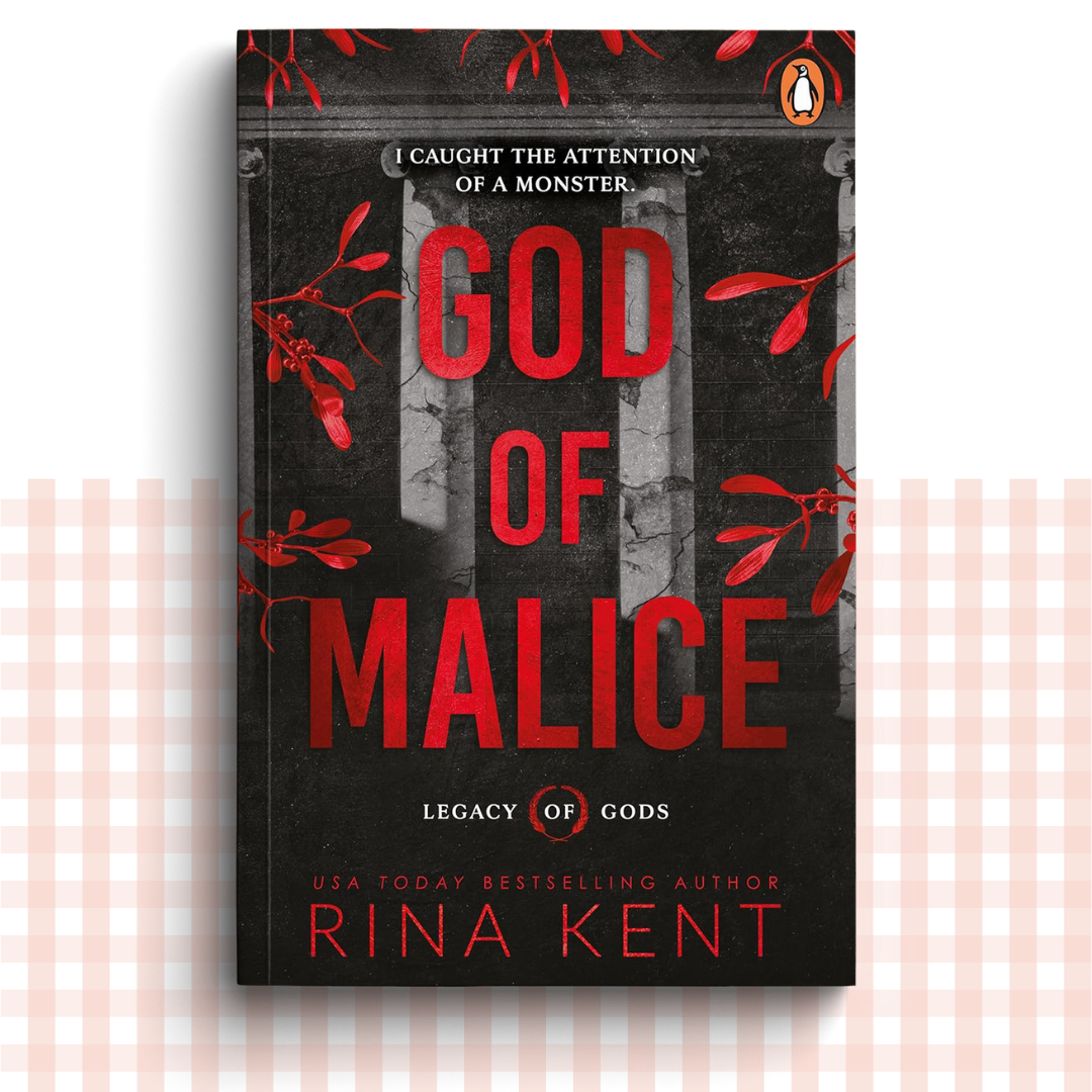 Paperback book cover of 'God of Malice' by Rina Kent with a dark red and black cover design.