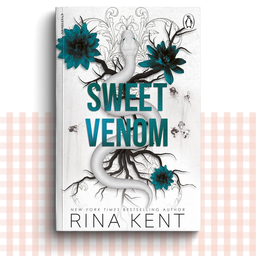 Paperback book cover of 'Sweet Venom' by Rina Kent with a blue and white design featuring a snake and flowers.