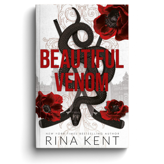 Book cover of 'Beautiful Venom' by Rina Kent featuring snakes and red flowers.