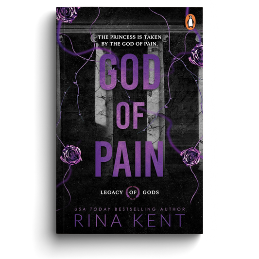 Book cover of 'God of Pain' by Rina Kent with purple text and roses on a dark background