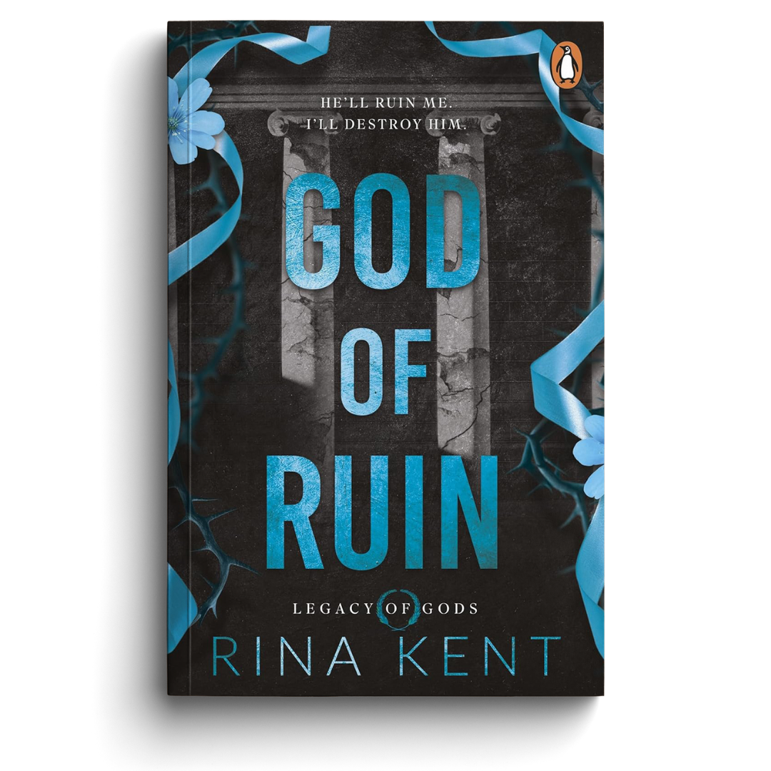 Book cover of 'God of Ruin' by Rina Kent with blue text and decorative elements on a dark background.