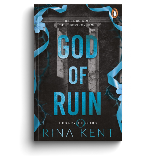 Book cover of 'God of Ruin' by Rina Kent with blue text and decorative elements on a dark background.
