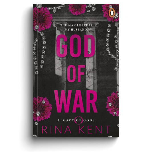 Book cover of 'God of War' by Rina Kent with pink text and decorative elements on a black background.