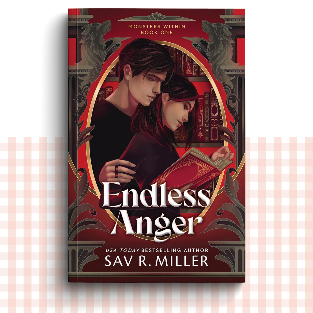Paperback book cover of 'Endless Anger' by Sav R. Miller with a romantic illustration of the two characters on a red background.