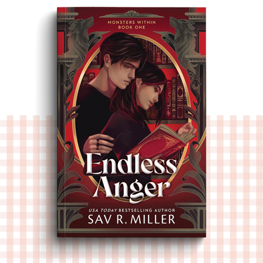 Paperback book cover of 'Endless Anger' by Sav R. Miller with a romantic illustration of the two characters on a red background.