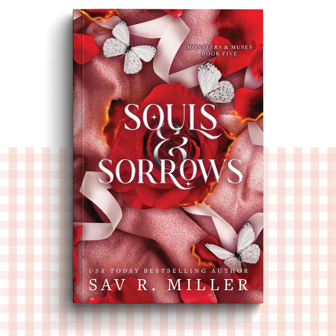 Paperback book cover of 'Souls & Sorrows' by Sav R. Miller with a red rose and butterflies.