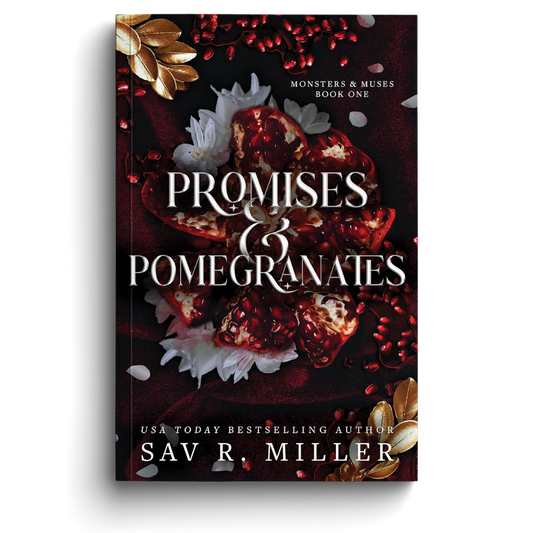 Book cover of 'Promises & Pomegranates' with floral and fruit design