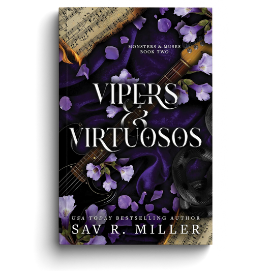 Book cover of 'Vipers & Virtuosos' with purple flowers and a guitar on a white background