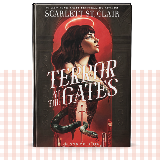 Hardback book cover of 'Terror at the Gates' by Scarlett St. Clair with a dark red and black design.