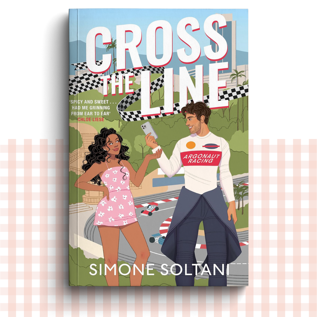 Paperback book cover of 'Cross the Line' by Simone Soltani with illustration of a man and woman at a race track.