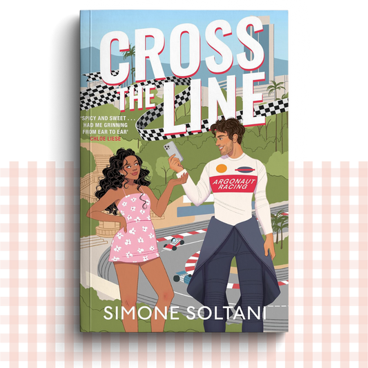 Paperback book cover of 'Cross the Line' by Simone Soltani with illustration of a man and woman at a race track.