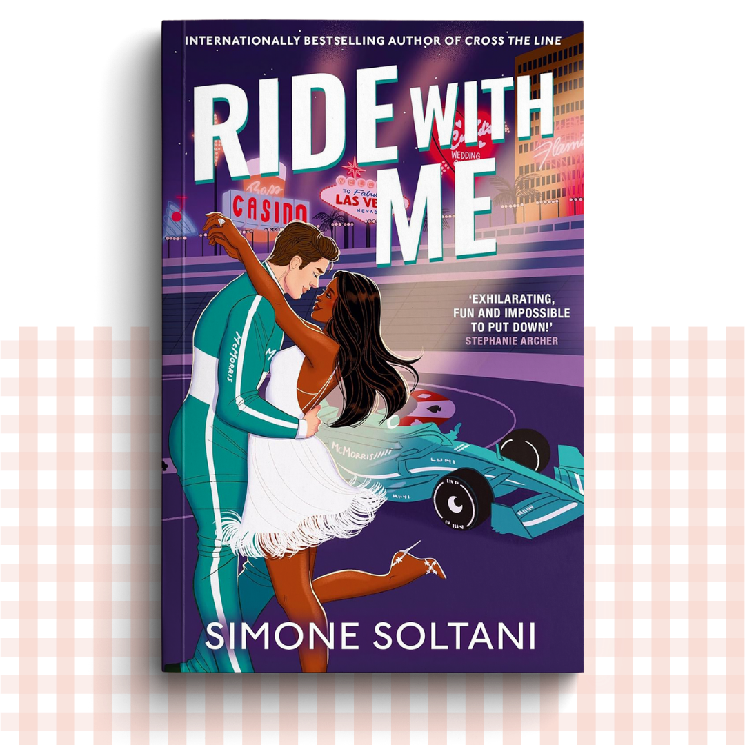 Paperback book cover of 'Ride with Me' by Simone Soltani with a couple embracing in front of a race car and Las Vegas skyline.