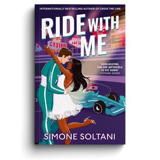 Book cover of 'Ride with Me' by Simone Soltani with a couple embracing in front of a race car and Las Vegas skyline.